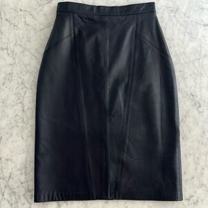 Vintage leather Linda Cherry high waisted navy blue pencil skirt